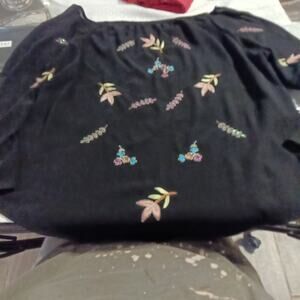 AKC Black Shear Blouse Embroidered Floral Long Bell Sleeve Women's 2X Whimsigoth